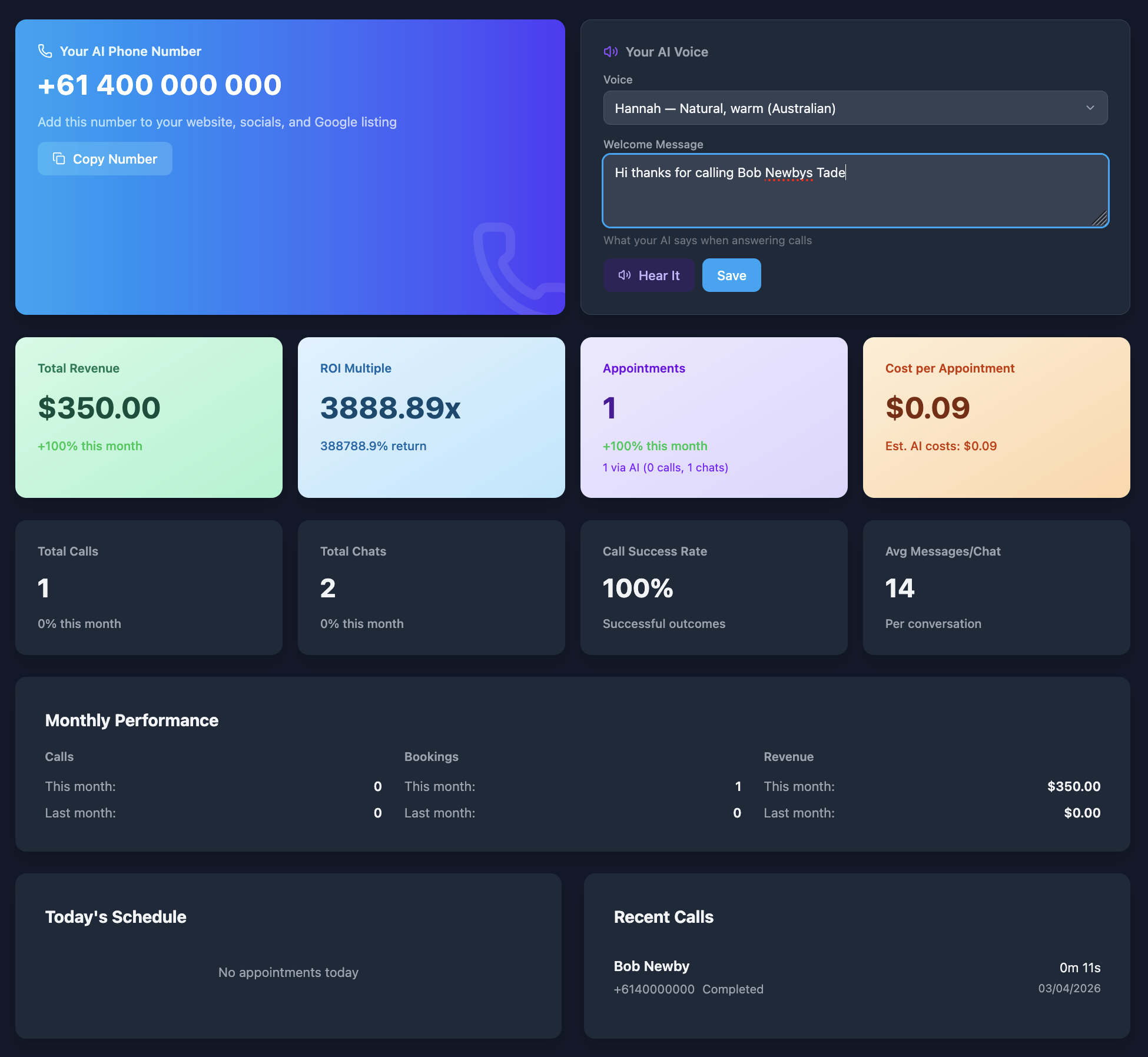 CallMate Business Dashboard — stats, bookings, revenue